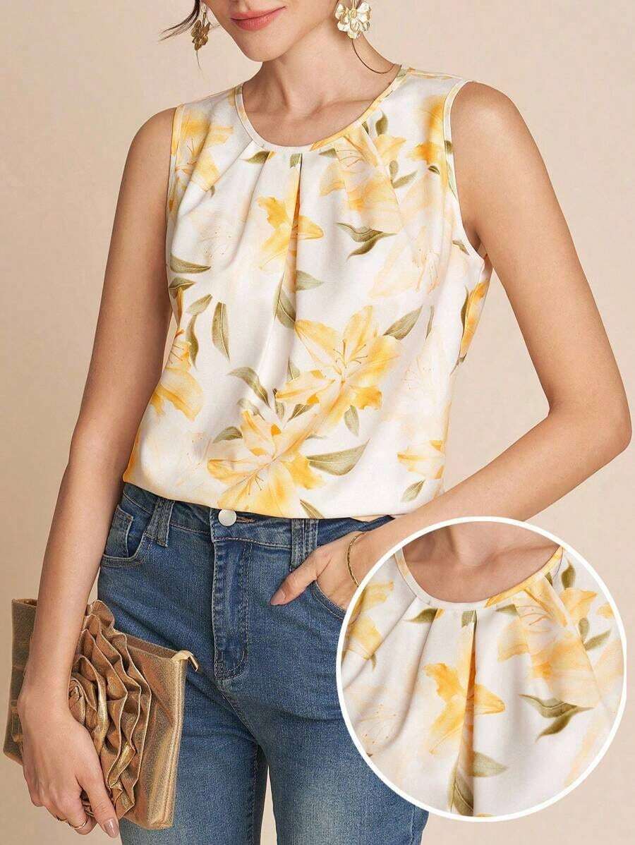 Blusa de cuello redondo sin mangas con estampado floral, nueva moda para mujer, ideal para otoño/invierno, vuelta al colegio, modesta, vintage, dinero antiguo, profesora, aeropuerto, verano - Multicolor - Ver 1