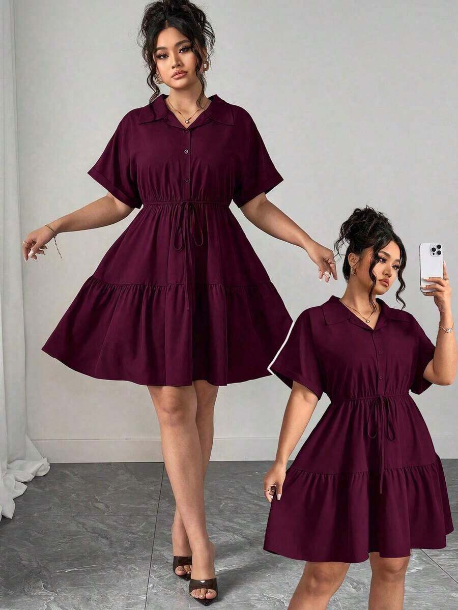 Vestido informal de estilo camisa de talla grande con detalles ricos - Burdeos - Ver 1