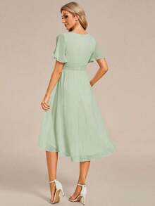 Vestido de dama de honor de gasa con pliegues y mangas con volantes, vestido de noche elegante para invitados de boda en primavera - verde menta - Ver 2