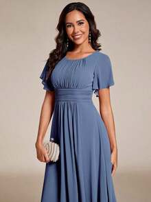 Vestido de dama de honor de gasa con pliegues y mangas con volantes, vestido de noche elegante para invitados de boda en primavera - Niebla azul - Ver 5