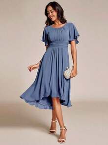 Vestido de dama de honor de gasa con pliegues y mangas con volantes, vestido de noche elegante para invitados de boda en primavera - Niebla azul 2 - Ver 6