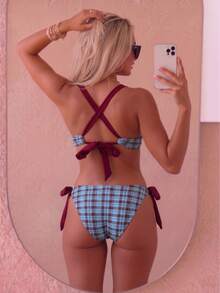 August vacation Bộ bikini quây ngực gợi cảm, thanh lịch, dễ thương dành cho nữ, họa tiết kẻ caro xanh dương, họa tiết hoa ngẫu nhiên, đồ bơi đi biển mùa hè. - Nhiều màu - Xem 2