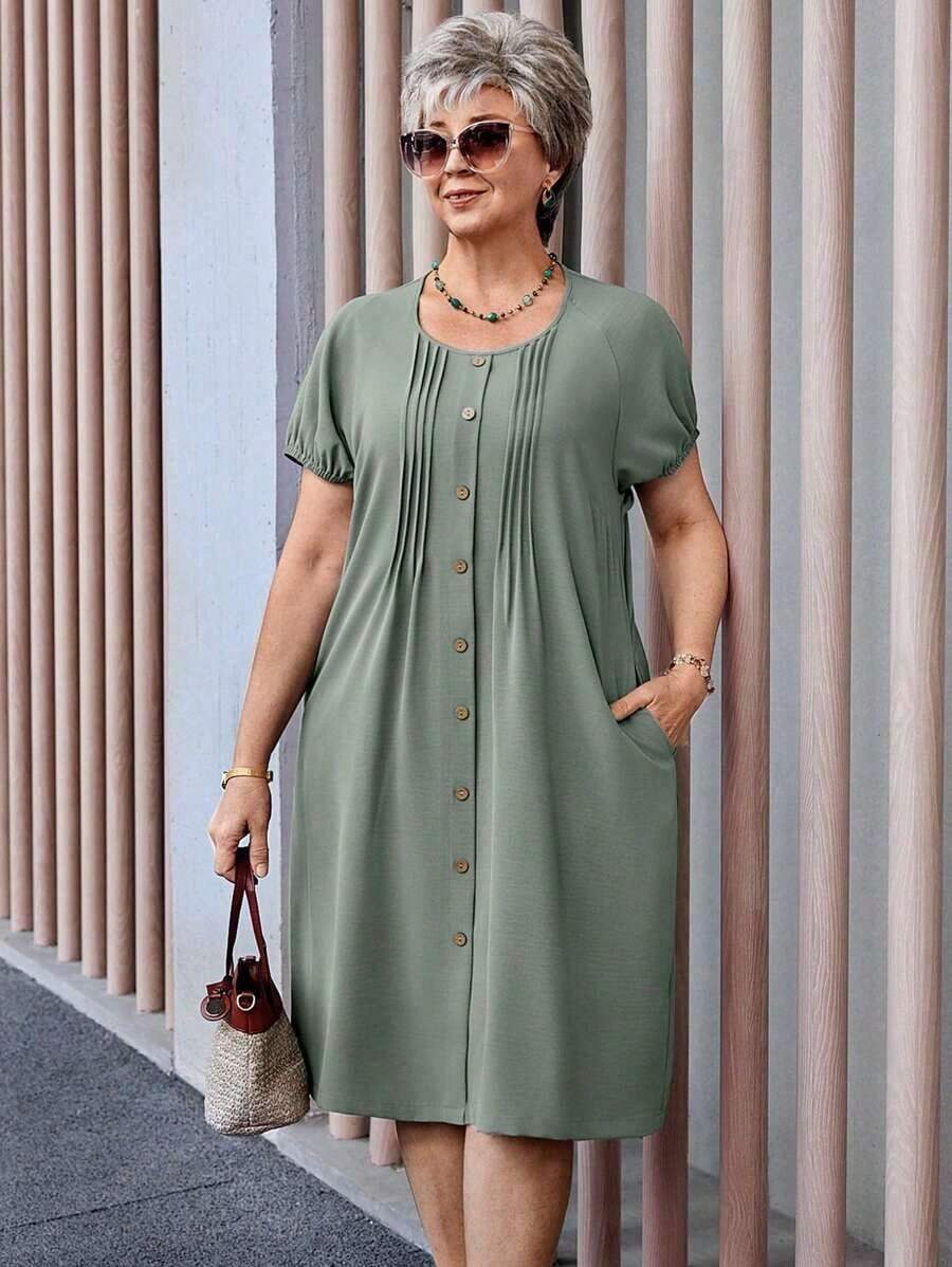 Vestido casual de mujer talla grande de unicolor, cuello redondo, manga corta, abotonado y con bolsillo - Verde 2 - Ver 1
