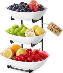 Soporte de plástico de 3 niveles para frutas con estante de metal, frutero/cesta/bandeja de servir negra, accesorio práctico para buffets y fiestas para aperitivos, verduras, galletas y postres, 28 x 35 cm. - Negro - Ver 8