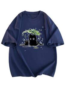 Women's Short Sleeve T-Shirt, Summer Cartoon Print, Fashionable And Modern Design, Sheer Short Sleeve T-Shirt, Short Sleeve T-Shirt Top, Slim Fit T-Shirt Top #3333 - 海軍藍 - 查看 1
