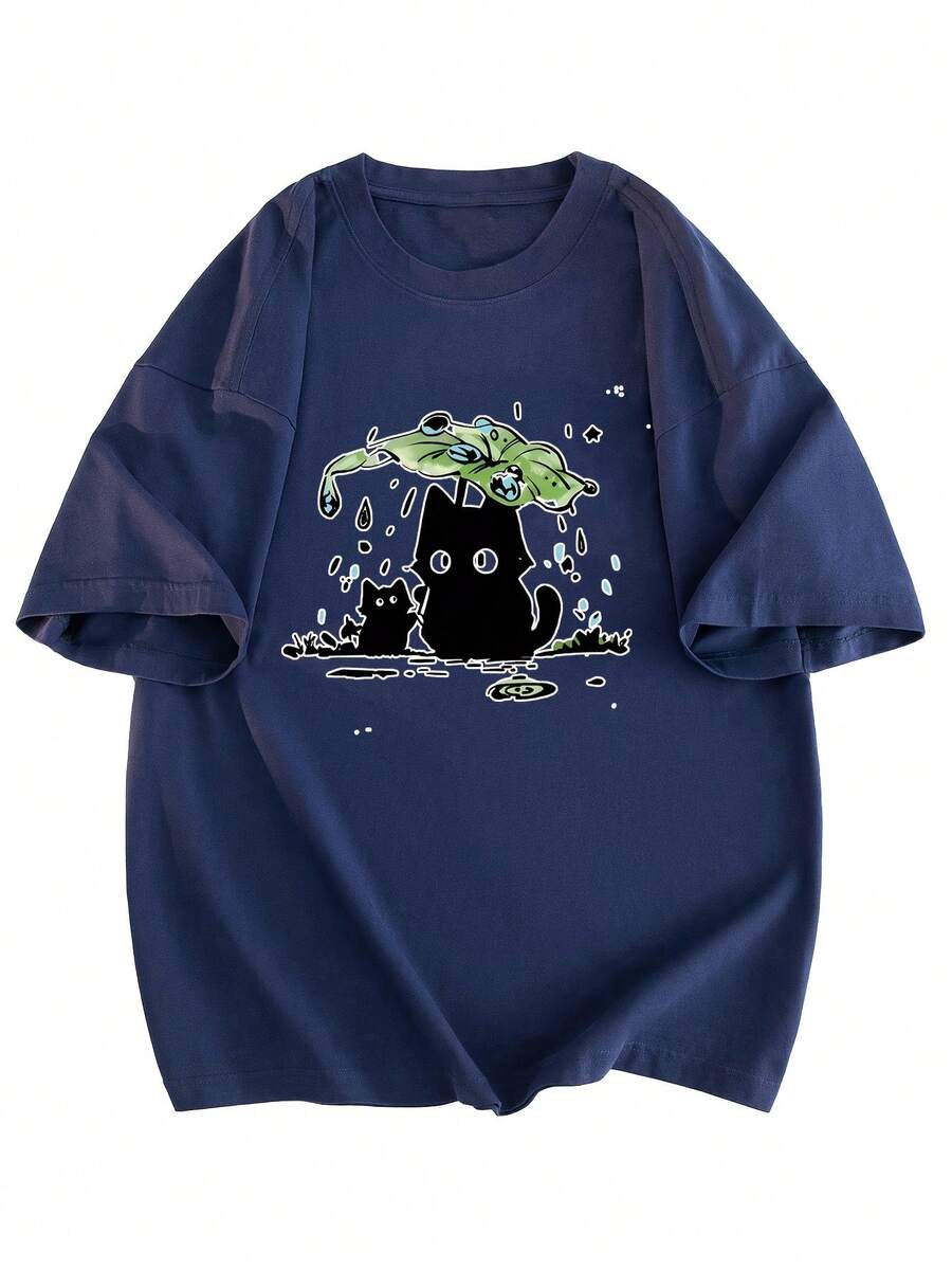 Women's Short Sleeve T-Shirt, Summer Cartoon Print, Fashionable And Modern Design, Sheer Short Sleeve T-Shirt, Short Sleeve T-Shirt Top, Slim Fit T-Shirt Top #3333 - 海軍藍 - 查看 1