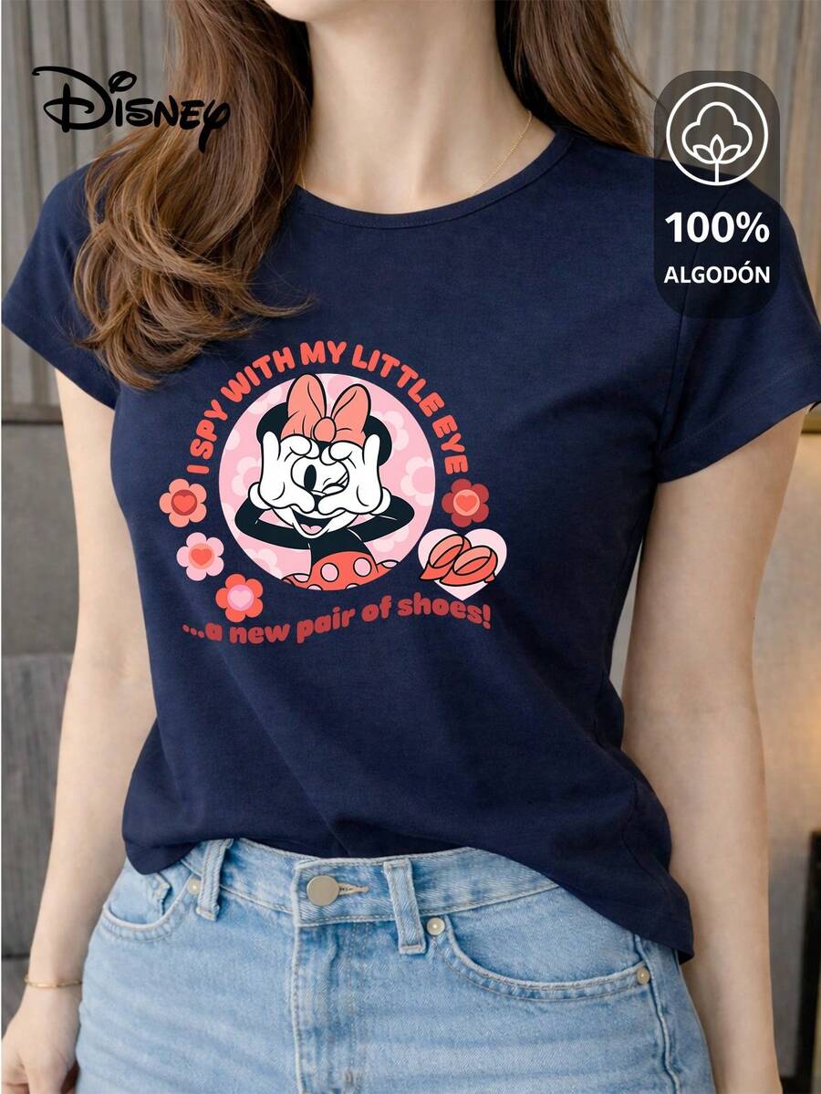 Women's T-Shirt Made Of 100% High-Quality Cotton, This T-Shirt Guarantees Exceptional Softness To The Touch, Round Neck With "Disney Minnie I " Print And Short Sleeves - 藏蓝色 - 查看 1