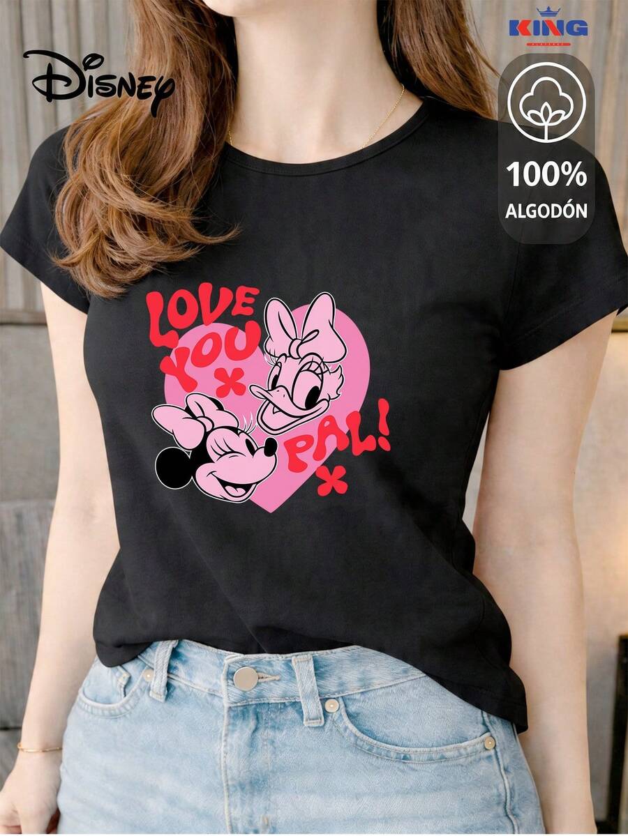 Women's T-Shirt Made Of 100% High-Quality Cotton. This T-Shirt Guarantees Exceptional Softness To The Touch, With A Round Neck, "Disney Minnie & Daisy Love You Pal" Print, And Short Sleeves. - 黑色 - 查看 1