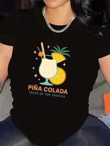 Women's Short Sleeve T-Shirt With Pineapple Cocktail Graphic, Made Of Lightweight And Durable Material, Ideal As A Gift For Birthdays, Easter, Mother's Day, Casual Black Short Sleeve Crew Neck T-Shirt For Women - 黑色 - 查看 1