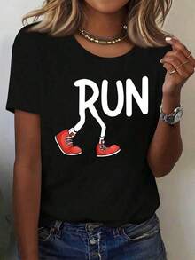 Camiseta de Mujer - Camiseta Casual con Estampado "Run" - Manga Corta, Cuello Redondo, Tela Elástica, Esencial para el Verano en Casa y para Salir, Regalo para Cumpleaños, Pascua, Día de la Madre, Camiseta Casual Negra de Manga Corta y Cuello Redondo para Mujer - Negro - Ver 7