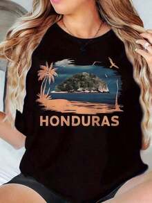100% Cotton Women's Crew Neck T-Shirt With Tropical Island Print Of Honduras For Vacation And Travel, Soft, Simple Solid Color T-Shirt, Loose And Slim Fit Casual Short Sleeve - 黑色 - 查看 11