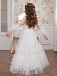 Weißes Langarm-Kleid für Kleine Mädchen, Tüll-Kleid mit Pünktchen-Muster, ausgestellte Ärmel, Stickerei, mehrstufiger Kuchen-Blumen-Prinzessinnen-Look - Weiss - Übersicht 4