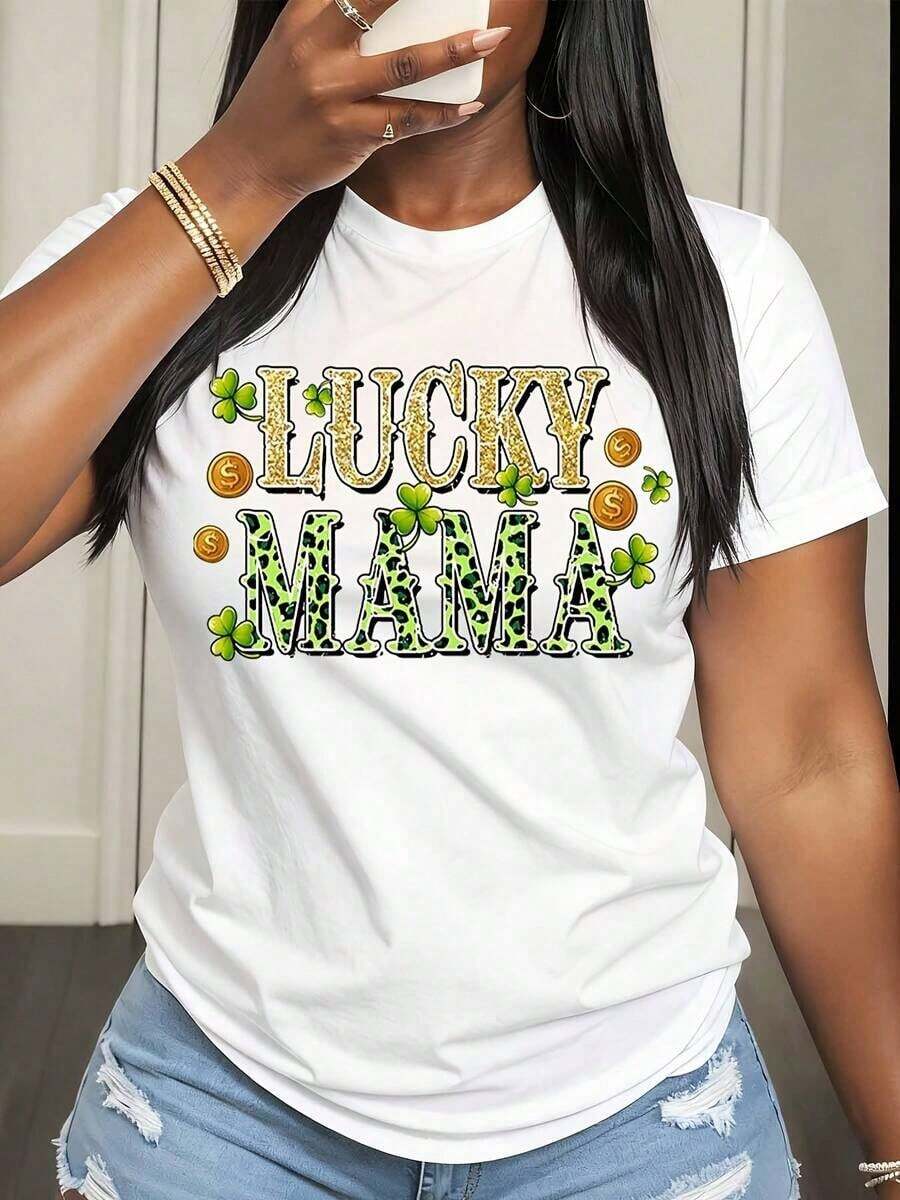 Women's Short-Sleeved T-Shirt With Shamrock And Gold Coin Print "Lucky Mama" For St. Patrick's Day Celebration, Women's Summer Casual Wear. - 白色 - 查看 1