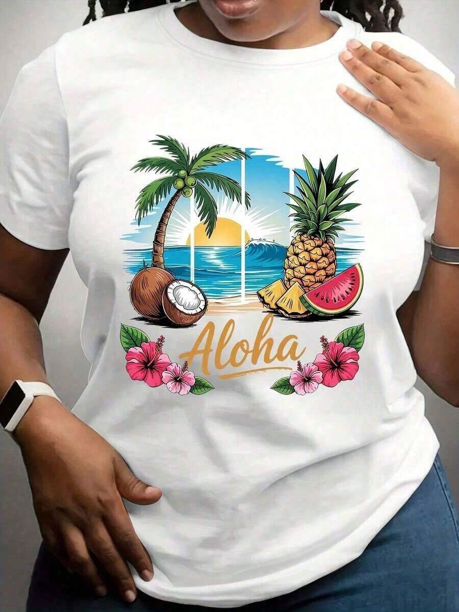 Women's Size T-Shirt With Tropical Beach Print, Pineapple, Watermelon, Hibiscus Flowers And Aloha - Perfect For Summer Vacations, Beach Outings, Hawaiian Parties And Casual Wear 220g - 白色 - 查看 1