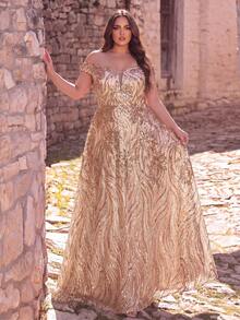 Plus Size Elegant Off-Shoulder Sequin Mesh Prom Dress - Champagne - View 4