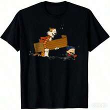 Camiseta de algodón puro de peso pesado para mujer, cuello redondo, estampado de dibujos animados de Calvin y Hobbes, manga corta informal, ropa de uso diario para todas las estaciones, éxito de . - Negro - Ver 1