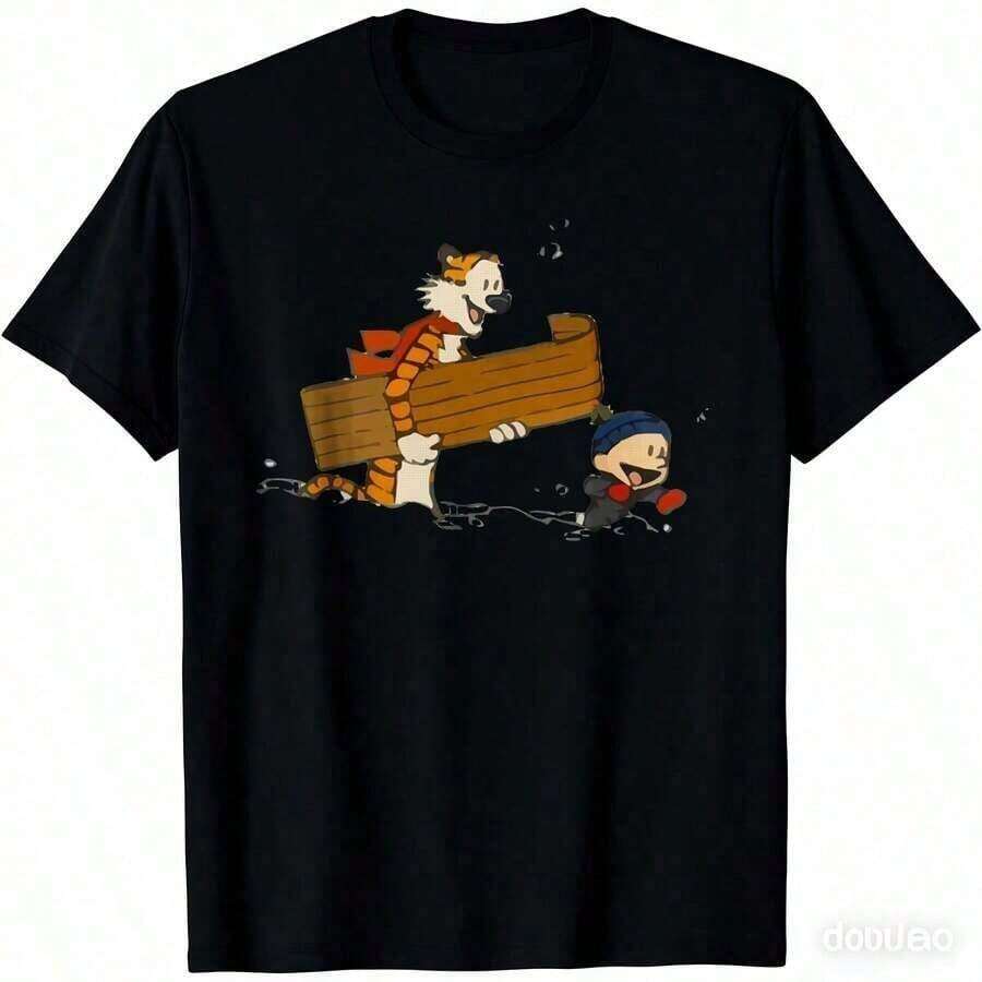 Camiseta de algodón puro de peso pesado para mujer, cuello redondo, estampado de dibujos animados de Calvin y Hobbes, manga corta informal, ropa de uso diario para todas las estaciones, éxito de . - Negro - Ver 1