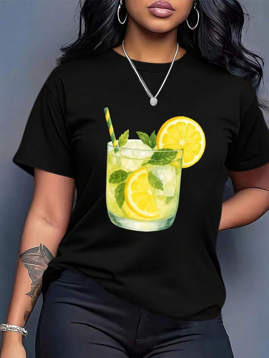 Camiseta Holgada de Cuello Redondo para Mujer de Talla Grande - Blusa Casual de Verano Transpirable para Uso Diario, Estilo Europeo y Americano, Adecuada para el Desayuno, la Oficina y Salidas - Estilo Básico de Fácil Cuidado, Diseño con Estampado Geométrico Blusas Para Mujer Casual - Negro - Ver 1