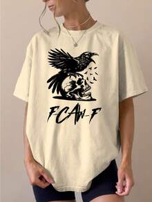 Women's T-Shirt 100% Cotton - Kaw-F Gothic T-Shirt With Raven And Skull Print - Casual Round Neck, Short Sleeve, Black And White, Gothic Style For Casual Outfits, All Season Comfort, Machine Washable - Essential Garment For Urban Fashion And Combinations With Bold Winged Raven And Skull Design, Loose Fit For Daily Travel, Leisure Outings And Holiday Wear, Soft Fabric For Year-Round Style. - 黑色 - 查看 8