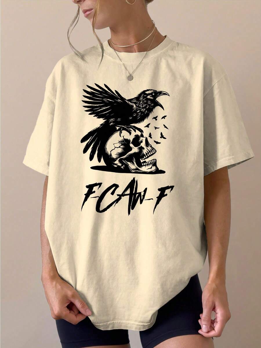 Women's T-Shirt 100% Cotton - Kaw-F Gothic T-Shirt With Raven And Skull Print - Casual Round Neck, Short Sleeve, Black And White, Gothic Style For Casual Outfits, All Season Comfort, Machine Washable - Essential Garment For Urban Fashion And Combinations With Bold Winged Raven And Skull Design, Loose Fit For Daily Travel, Leisure Outings And Holiday Wear, Soft Fabric For Year-Round Style. - 杏色 - 查看 1