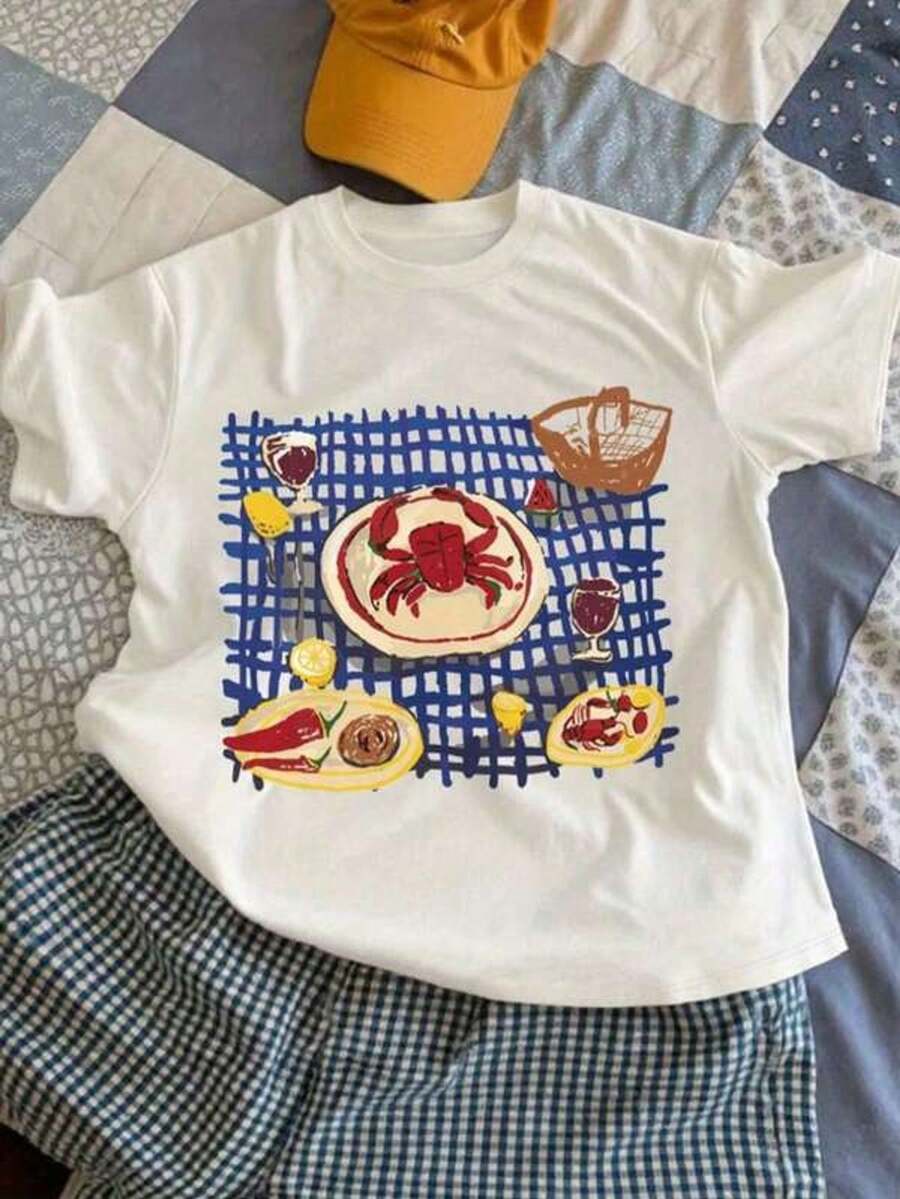 Women's Short Sleeve T-Shirt With Round Neck And Print, Table Setting, Crab Dinner With Wine And Food, Sizes S-3XL, Fashionable, Comfortable And Breathable, One Size, Machine Washable - White - View 1