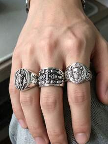 3件套复古哥特式骷髅戒指套装，男女皆宜，手工制作，深色浮雕设计，复古朋克风饰品，理想的派对配饰礼物，男士个性饰品，骷髅饰品，节日礼物，做工精致 - 復古銀色 - 查看 2