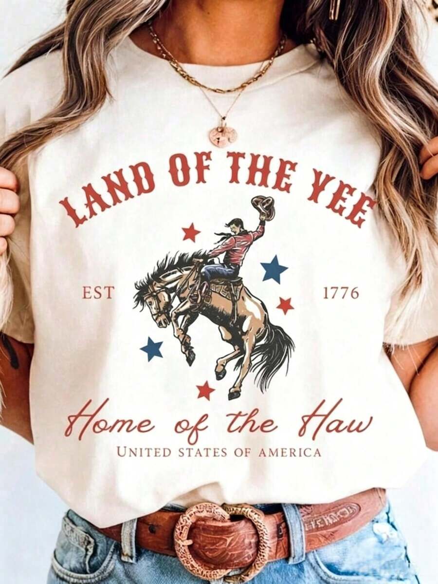 Women's Short-Sleeved T-Shirt With A Graphic Print Featuring A Cowboy And Equestrian Style. Ideal For Everyday Wear, Casual Outings, Weekends, And Country Events. Made Of Polyester, With A Casual, Western Style, Perfect For Spring And Summer. Domestic Shipping Available. - 白色 - 查看 1