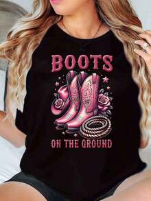 Women's Short Sleeve Crew Neck Printed T-Shirt Boots On The Ground Pink Cowboy Boots S-3XL Fashionable, Comfortable And Breathable, Machine Washable - 黑色 - 查看 1