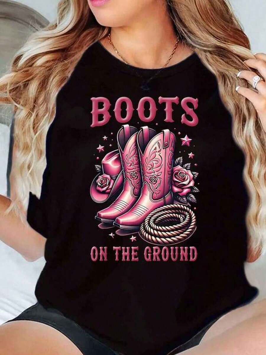 Women's Short Sleeve Crew Neck Printed T-Shirt Boots On The Ground Pink Cowboy Boots S-3XL Fashionable, Comfortable And Breathable, Machine Washable - 黑色 - 查看 1