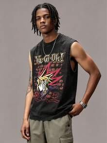 Men's Vintage Washed Black Sleeveless Tank Top,  Yugi Anime Graphic Print, Classic Japanese Trading Card Game Streetwear Muscle Shirt, Casual Loose Fit Cotton Blend Workout Vest For Anime Fans, Summer, And Daily Casual Outfits - 黑色 - 查看 5
