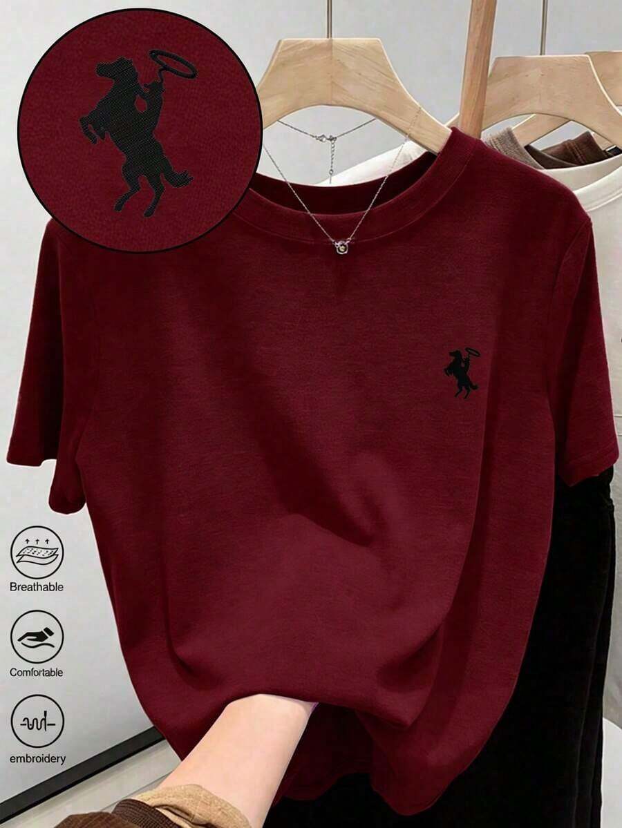 Women's Crew Neck T-Shirt With Men's Embroidered Print - Casual Crew Neck Top - Lightweight T-Shirt Suitable For All Seasons - 勃根地 2 - 查看 1
