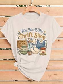 Camiseta bohemia para mujer con estampado "Take Me to The Thrift Shop", de manga corta y cuello redondo, estilo casual, perfecta para primavera y verano, ideal como regalo de cumpleaños o para las fiestas, camiseta informal para ir al trabajo, camiseta de manga corta con estampado minimalista para la oficina y las compras en otoño. - Blanco - Ver 1