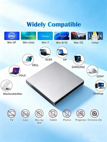 Ổ đĩa CD/DVD gắn ngoài siêu mỏng USB 2.0, cắm là chạy, ổ ghi CD-R/DVD-R, ổ đĩa quang di động dành cho máy tính xách tay và máy tính để bàn.
