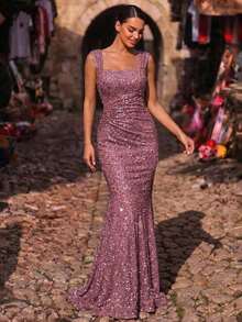 Women's Elegant Sleeveless Midi Cocktail Dress With Square Neck And Ruffle Hem For Wedding - 黑色 - 查看 6