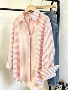 Camisa de mujer de manga larga a rayas, de un solo pecho, casual y versátil para uso diario - Rosa Pálido - Ver 6