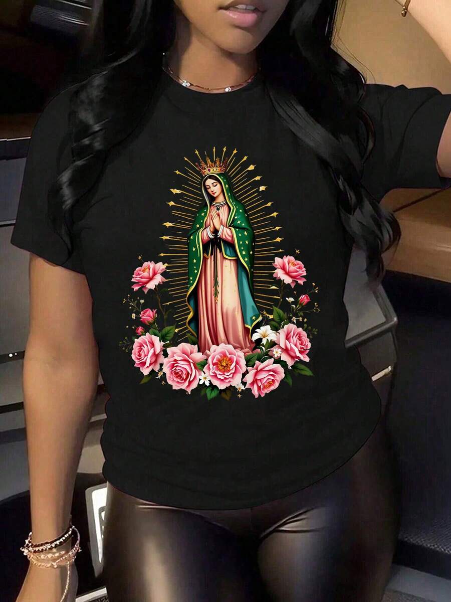 Women's Printed T-Shirt With A Virgin Mary Design - Casual Crew Neck, Short Sleeves, Ideal Gift For A Sister In Spring/Summer, Casual Wear. | Exquisite And Elegant Print | Polyester Fabric - 黑色 - 查看 1