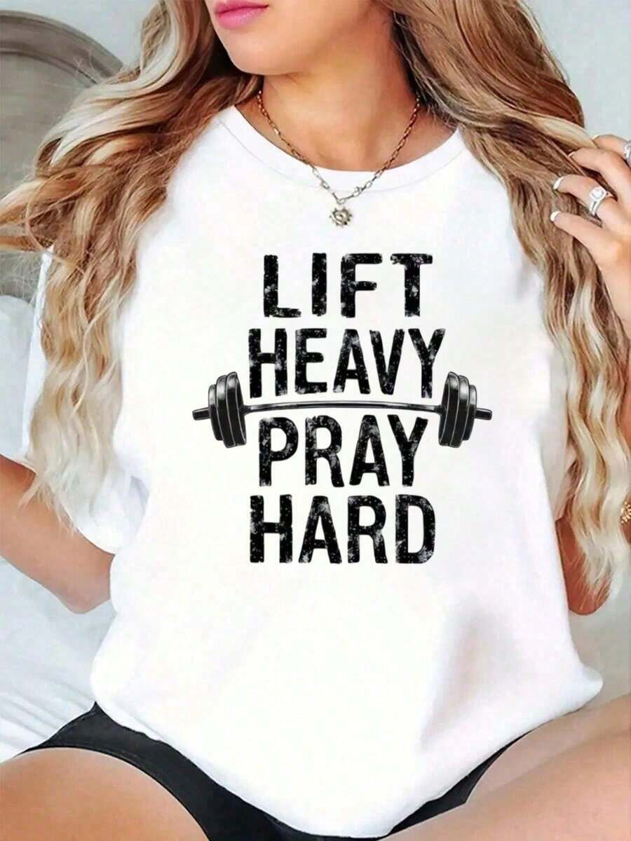 1 Piece, 100% Cotton, Women's Short Sleeve Graphic T-Shirt With Jesus Lifting Weights Print, For Gym, Weightlifting, Deadlift, Casual Style, Summer T-Shirt For Women, 180g, 100% Cotton. - 白色 - 查看 1