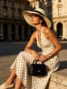1pc Women's Wide Brim Straw Hat With Black Ribbon, Sun Protection Beach Hat - Multicolor - View 3