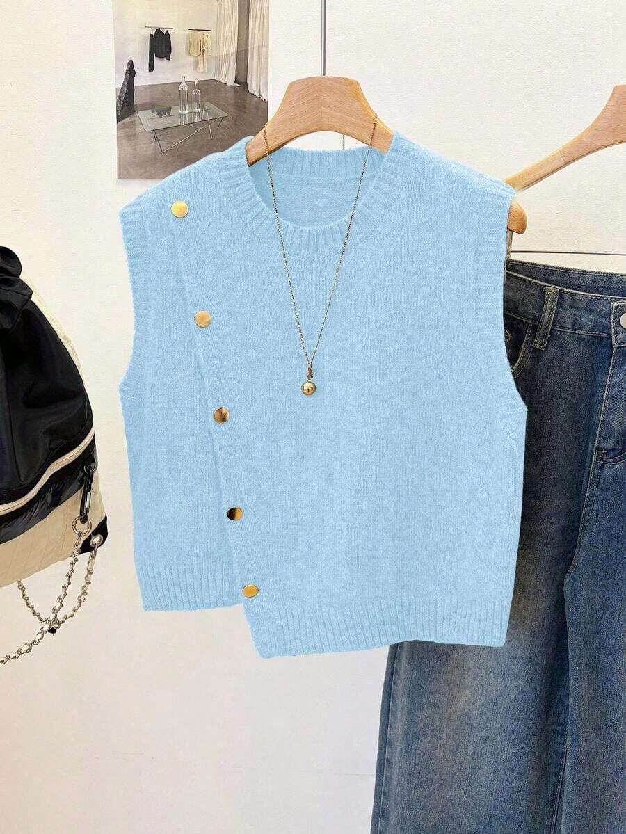 1 pieza Chaleco sin mangas de punto de unicolor con cuello redondo corto, diseño asimétrico con botones, accesorio de moda, chaleco versátil de punto para el verano - Celeste - Ver 1