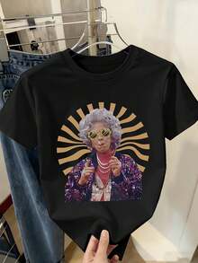 Women's T-Shirt, Black Short-Sleeved T-Shirt With Retro Old Lady Print Patterns, Soft And Stretchy Round Neck T-Shirt, Micro-Elastic, Casual Design, Cool And Breathable, Dazzling Personality, Fashionable And Cool Style, Blouse Suitable For Comfortable And Relaxed Daily Wear - 黑色 - 查看 1