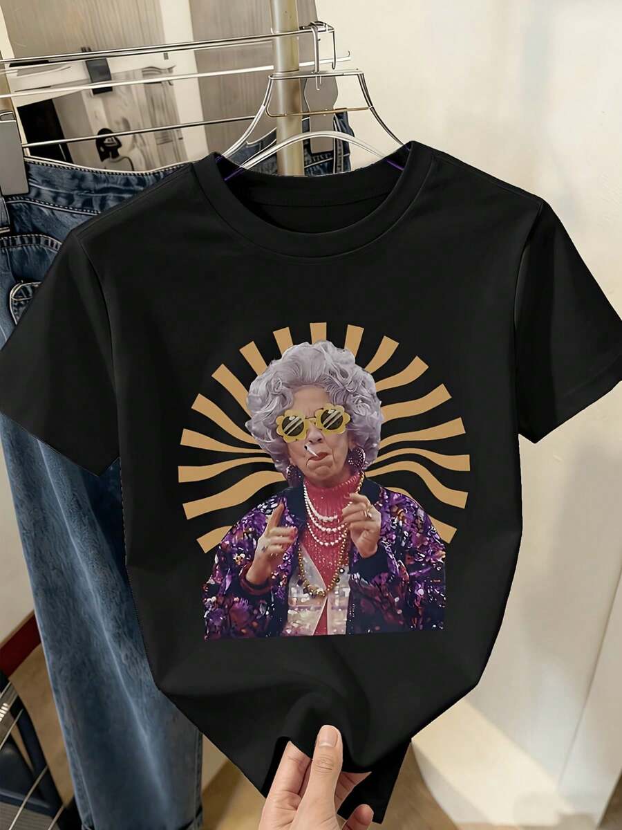 Women's T-Shirt, Black Short-Sleeved T-Shirt With Retro Old Lady Print Patterns, Soft And Stretchy Round Neck T-Shirt, Micro-Elastic, Casual Design, Cool And Breathable, Dazzling Personality, Fashionable And Cool Style, Blouse Suitable For Comfortable And Relaxed Daily Wear - 黑色 - 查看 1
