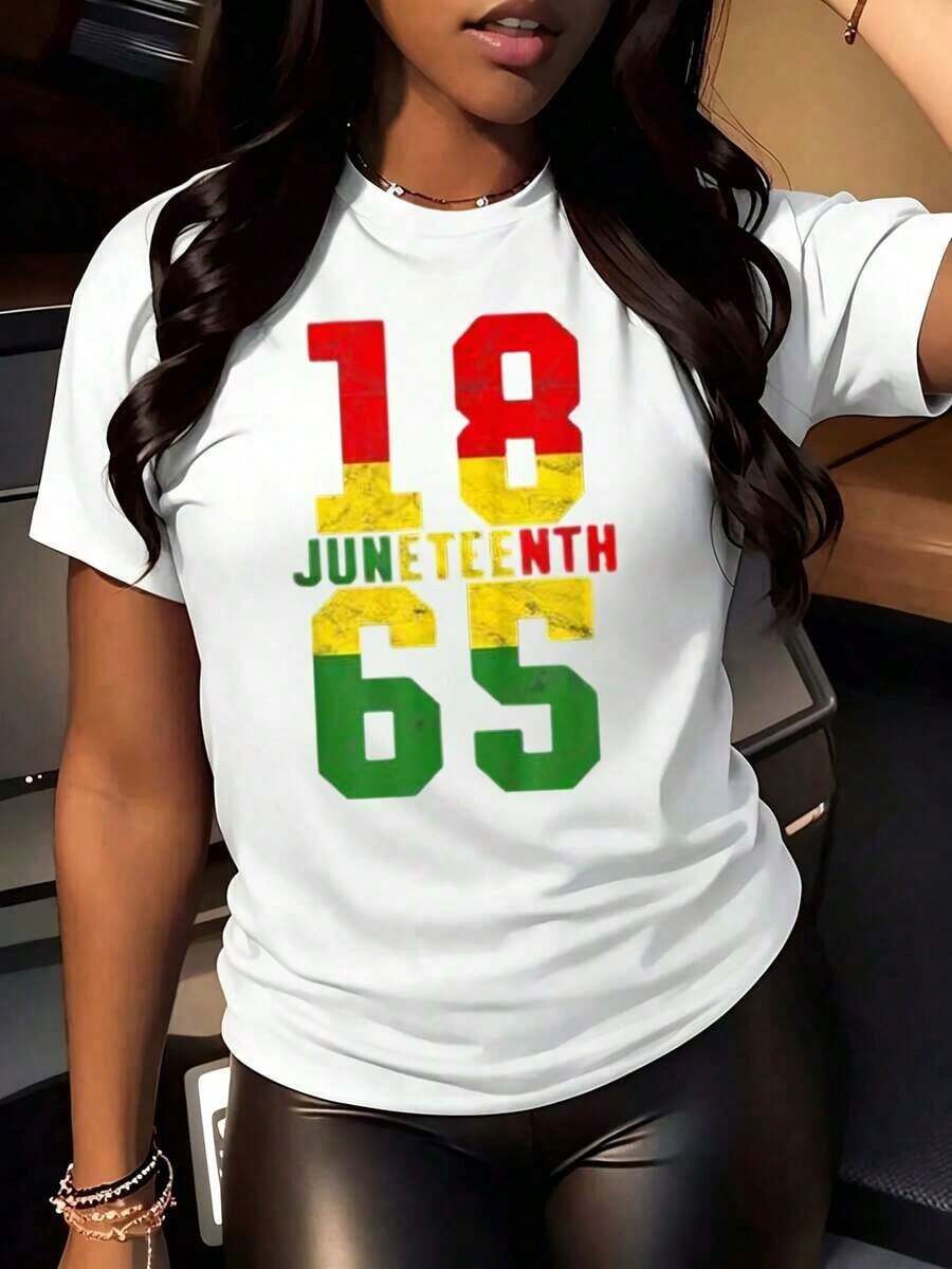 Women's Casual Style T-Shirt With Juneteenth 1865 Celebration Design, Summer Clothing For Gifts To Family And Friends - 白色 - 查看 1