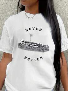 Camiseta de manga corta de poliéster, decorada con un diseño de calavera con la frase "Never So Beautiful", ligera y duradera, adecuada para uso casual en casa o en restaurantes.blusa casual mujer - Blanco - Ver 7