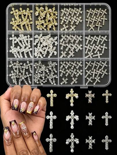 1Box ​​Nail Charms Nails, Vintage Cross-Shaped Rhinestone Nails With Simulated Pearls, Gold, Silver, And White. Cyberpunk, Retro, Dark Style Metal Nail Supplies For Valentine's Day, Back-To-School Season, Holiday Season, Music Festivals, Travel, And Festival Celebrations. Shiny Rhinestones Nail Gems, Suitable For Multi-Functional DIY Accessories. Nail Decorations.