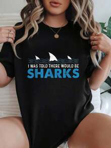 Women's T-Shirt, Loose Fit, Black And White Options, Shark Graphic Print, Casual Everyday T-Shirts, Summer Tops, Graphic Tees, Women's Summer Sets, Women's Crop Tops, Casual Blouses For Ladies - 黑色 - 查看 1