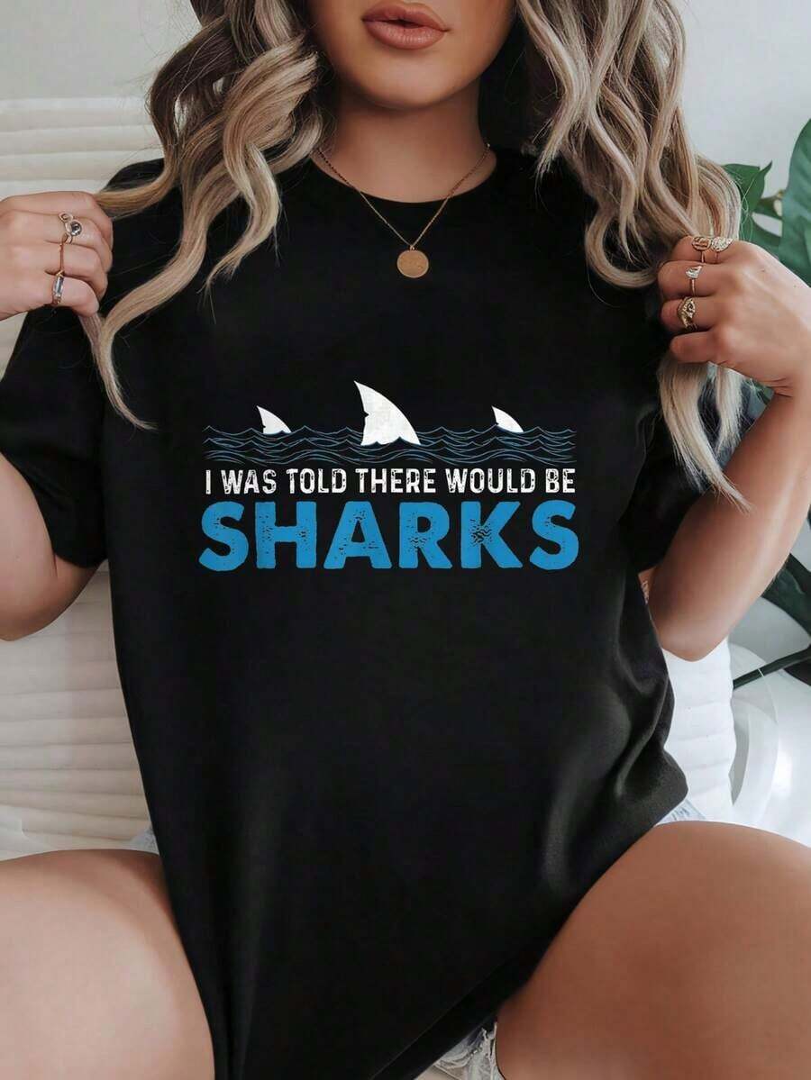 Women's T-Shirt, Loose Fit, Black And White Options, Shark Graphic Print, Casual Everyday T-Shirts, Summer Tops, Graphic Tees, Women's Summer Sets, Women's Crop Tops, Casual Blouses For Ladies - 黑色 - 查看 1