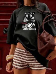 Black And White Tiger Head T-Shirt With "BONUS" Text.  Short-Sleeved T-Shirt For Spring And Summer 2026, Made In Mexico, 180 Grams. Cartoon Print, Couple Design, Suitable For Indoor Or Outdoor Wear. Crew Neck, Unisex, Ideal For Office And Leisure. One-Pack. - BK-P631577SLNDXZGY647 - 查看 3