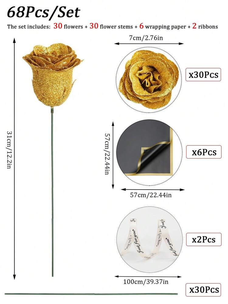 Bó hoa hồng vàng lấp lánh 68/45/23, Bó hoa hồng kim tuyến tự làm, Bó hoa hồng nhân tạo thích hợp cho Ngày Valentine, Trang trí phòng, Hoa nhân tạo, Bó hoa hồng với hoa baby's breath trắng, Hoa giả, Bó hoa cưới, Tiệc đính hôn, Trang trí tiệc mừng em bé - Vàng - Xem 13