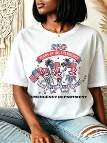 [250th Anniversary T-Shirt] Women's 250 Years Of Care Semiquincentennial Since 1776 American Flag Stethoscope Design Casual Round Neck T-Shirt For Summer And Fall Perfect Gift For Nurses Doctors And Healthcare Workers,Perfect Gift For Patriotic Lovers And Independence Day Enthusiasts,Independence Day Celebration Apparelplayeras de mujer - Blanco - Ver 1