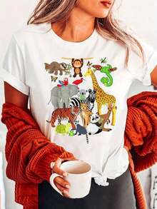 1 Piece Women's Zoo Animal Print T-Shirt - Casual Short Sleeve Crew Neck T-Shirt With Vibrant Wildlife Illustrations, Lightweight And Breathable For Summer And Spring, Machine Washable, Animal T-Shirt, Easy Care Clothing, 180g 100% Cotton. - 白色 - 查看 9